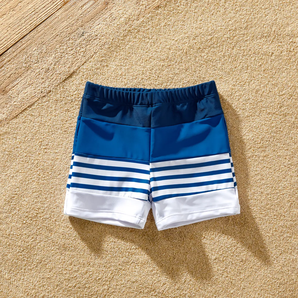 Family Matching Blue Striped Ruffled One Shoulder Cut Out One-piece Swimsuit or Swim Trunks Shorts  big image 1