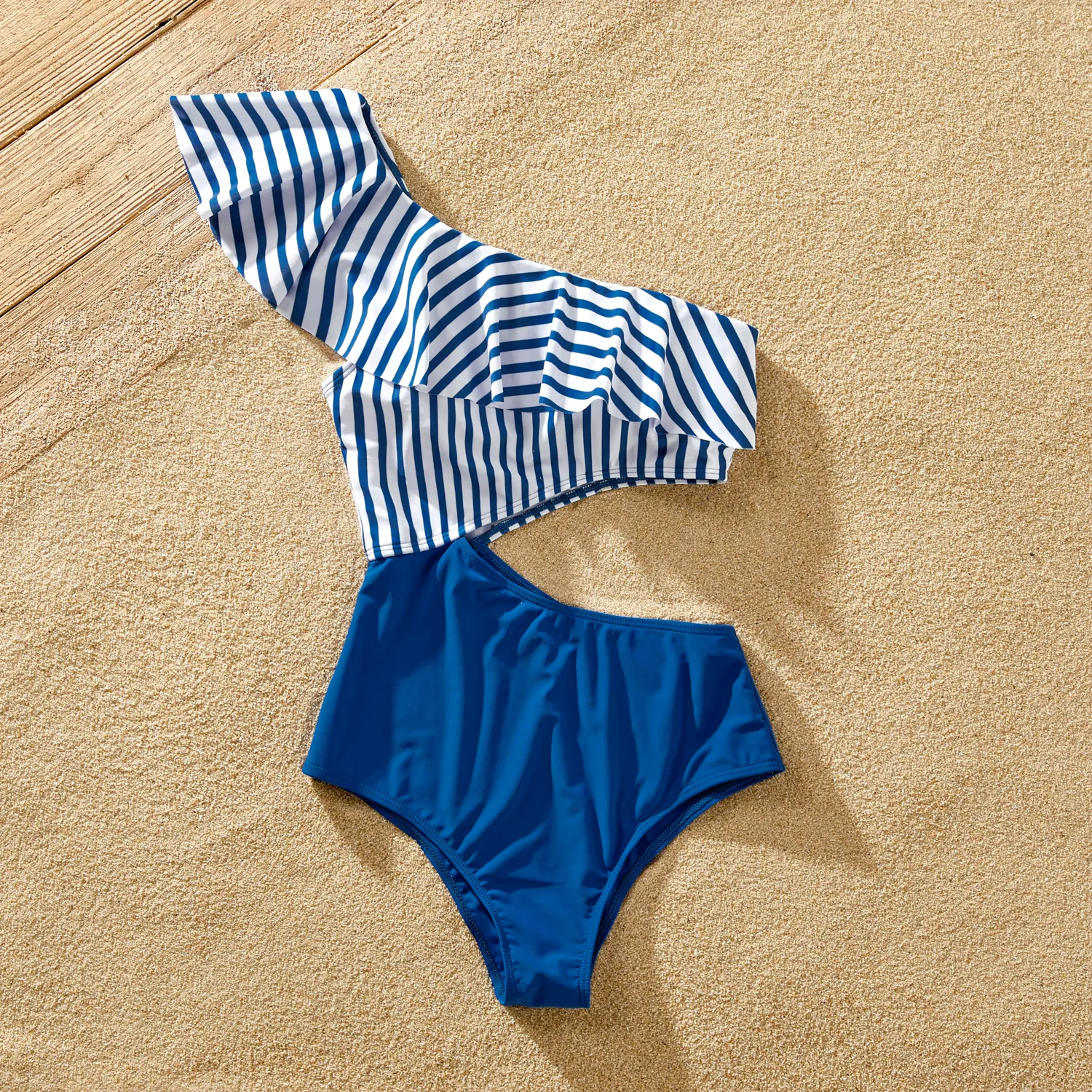 Family Matching Blue Striped Ruffled One Shoulder Cut Out One-piece Swimsuit Or Swim Trunks Shorts