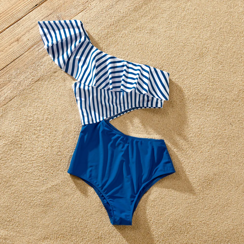 Family Matching Blue Striped Ruffled One Shoulder Cut Out One-piece Swimsuit or Swim Trunks Shorts  big image 9