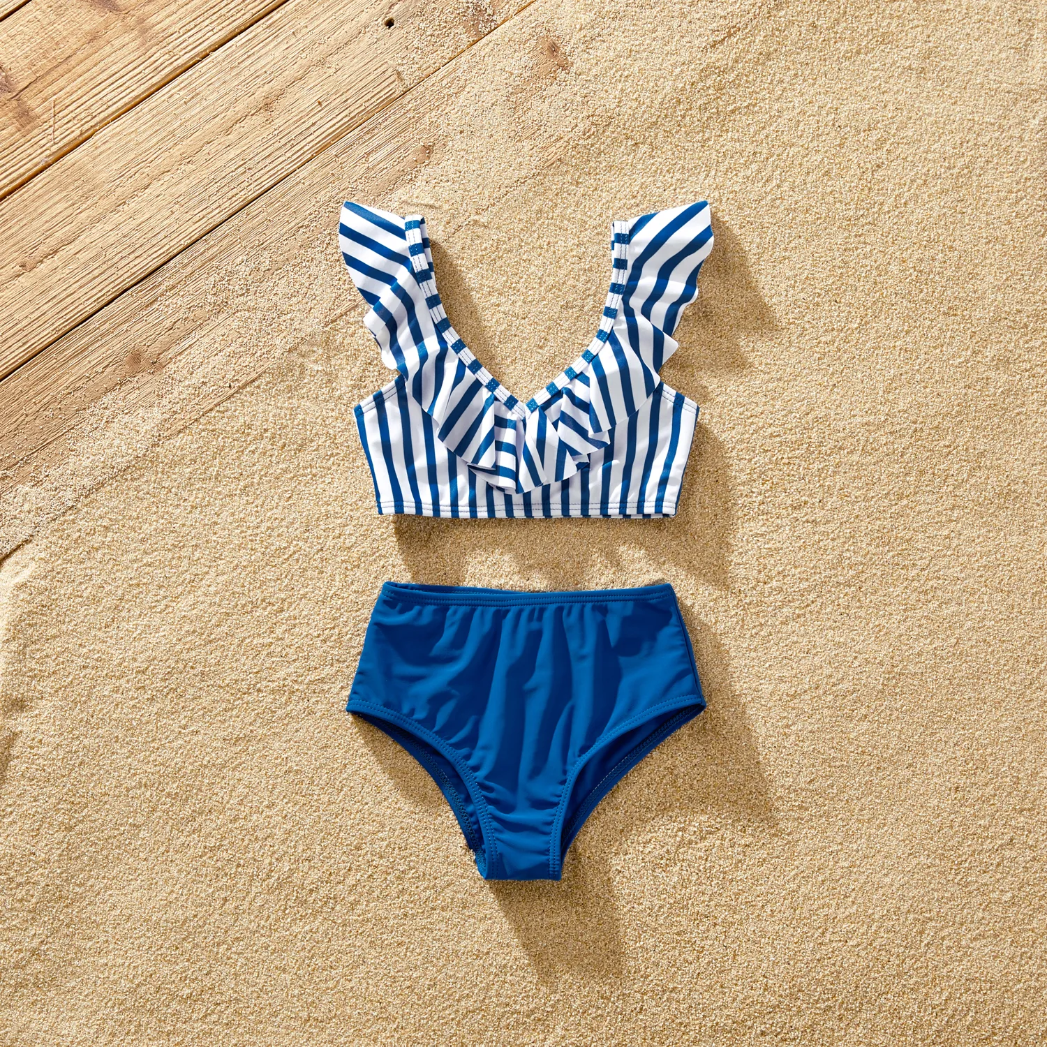 Family Matching Blue Striped Ruffled One Shoulder Cut Out One-piece Swimsuit or Swim Trunks Shorts ColorBlock image 6