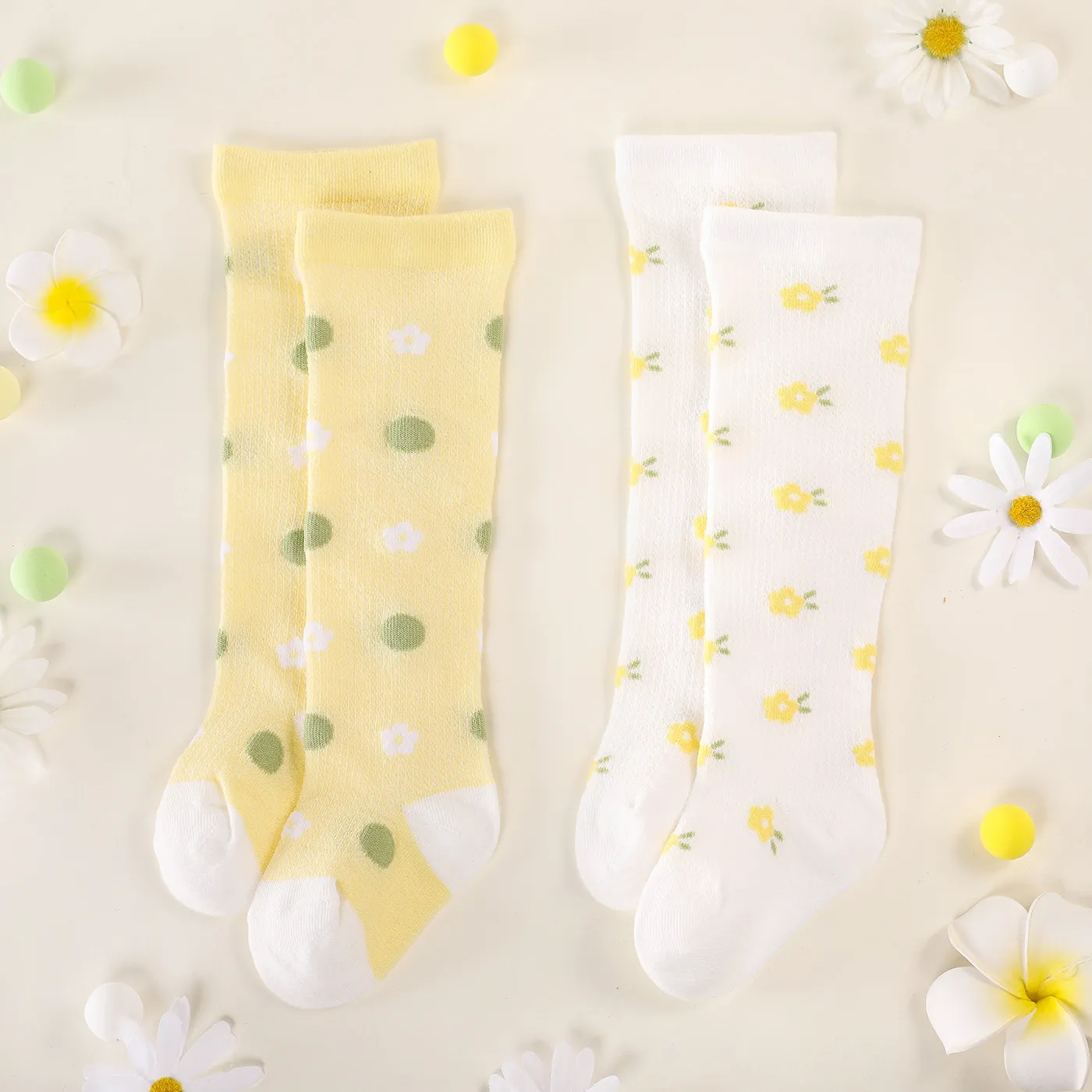 2 Pairs Baby / Toddler Floral and Polka Dots Long Stockings Set