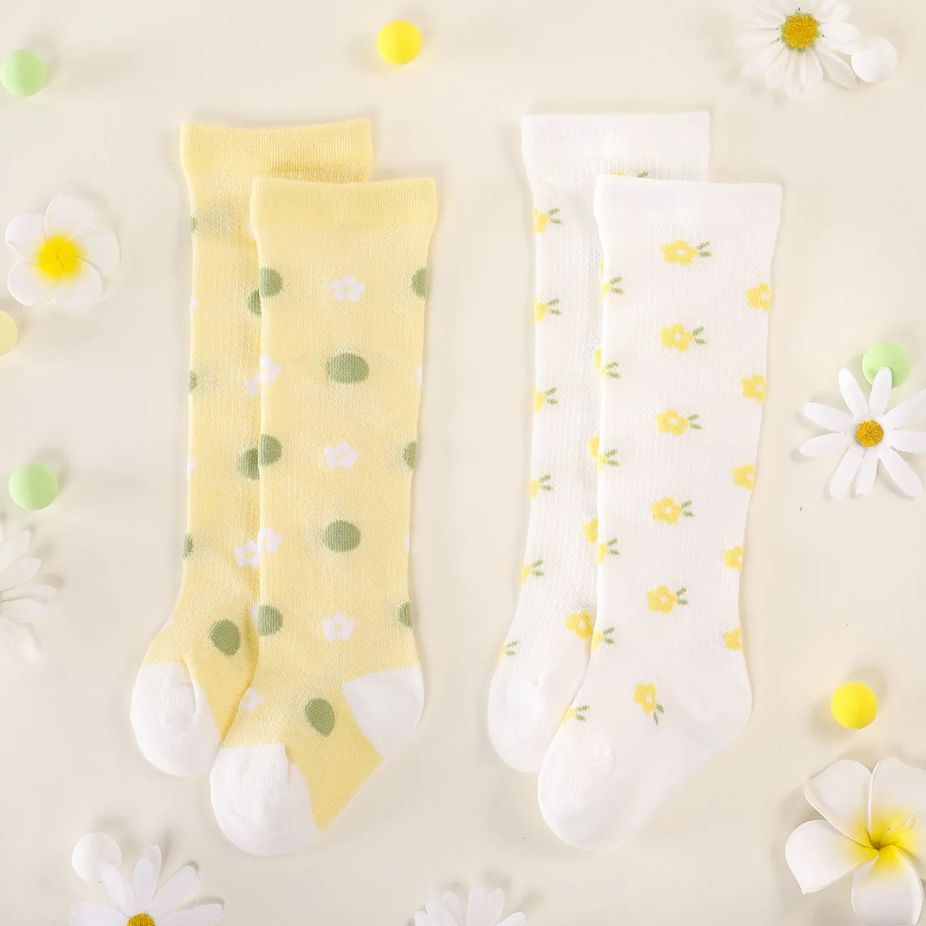 2 Pairs Baby / Toddler Floral and Polka Dots Long Stockings Set  big image 1