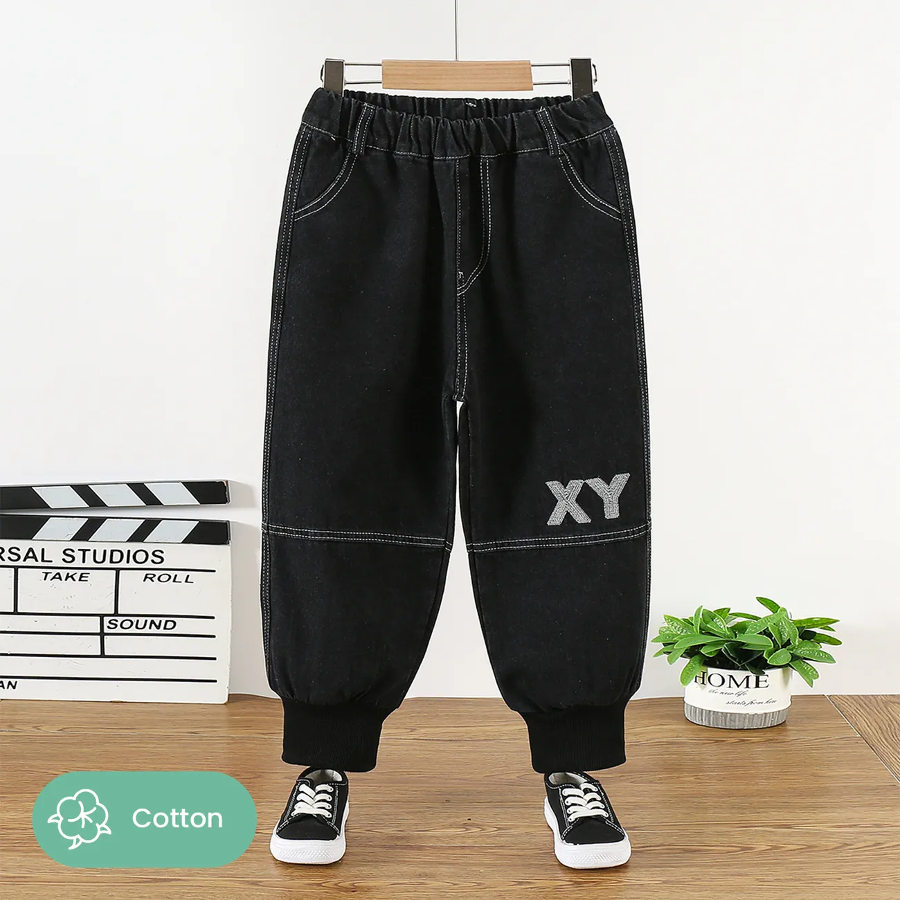 Kid Boy Letter Embroidered Cotton Jeans Black big image 1