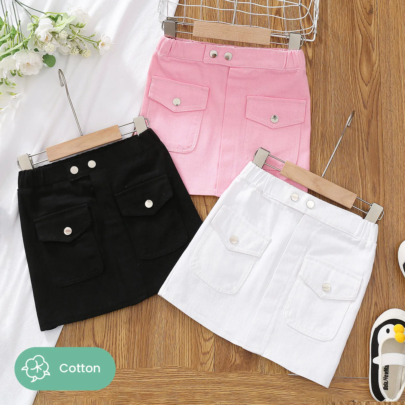 Kid Girl 100% Cotton Flap Pocket Solid Skirt White image 2