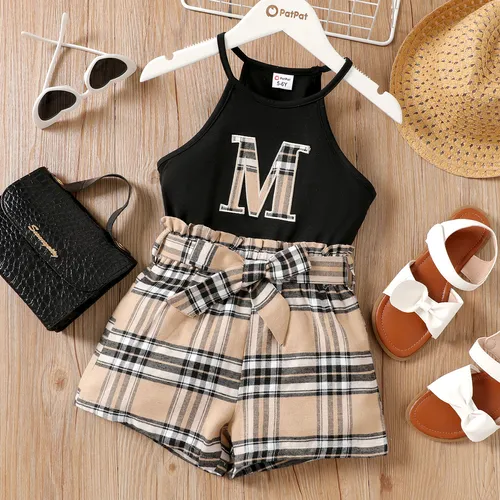 2pcs Kid Girl Letter Embroidery Halter Top and 100% Cotton Belted Plaid Shorts Set