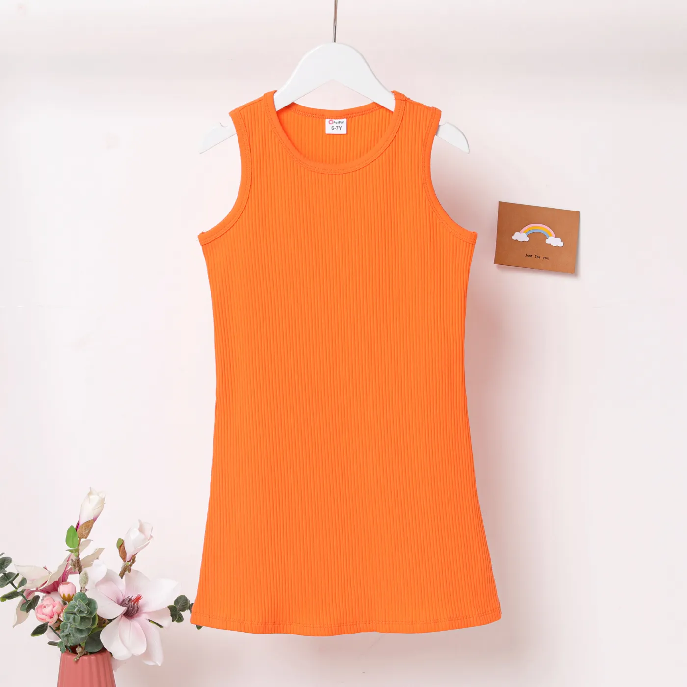 Kid Girl Solid Rib-knit Cotton Tank Dress Orange