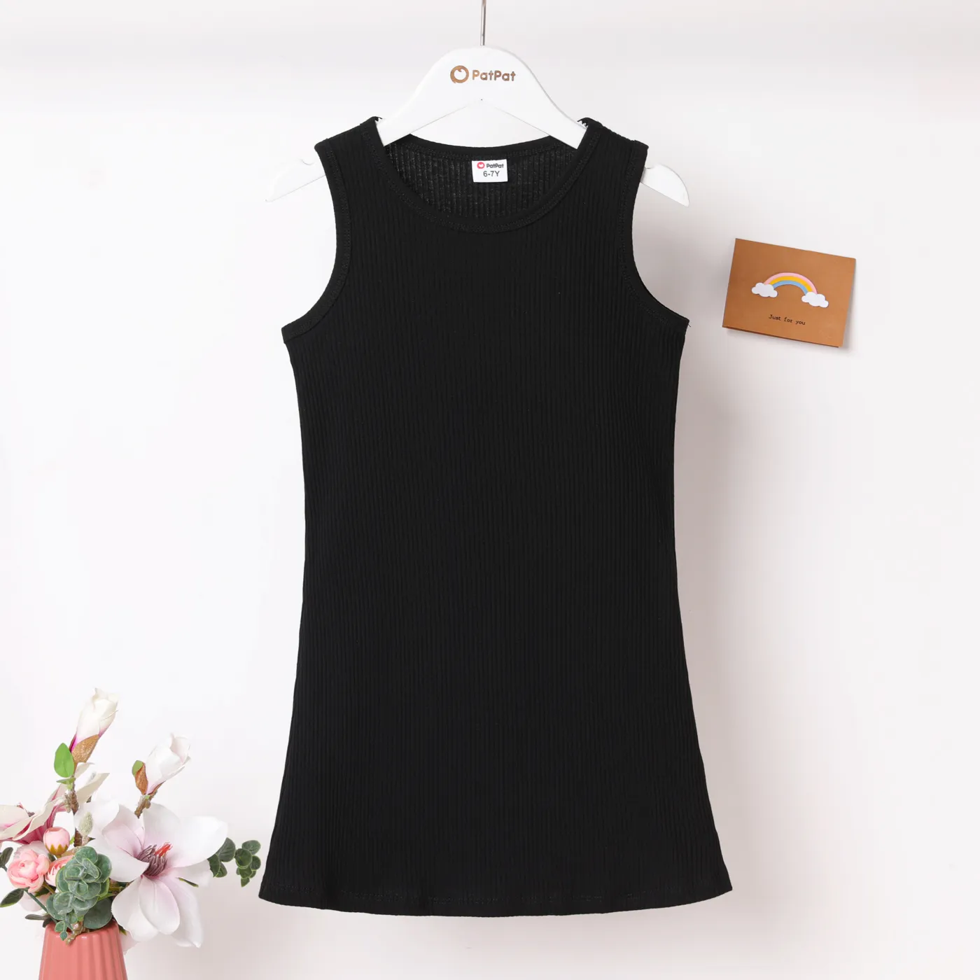 Kid Girl Solid Rib-knit Cotton Tank Dress Black