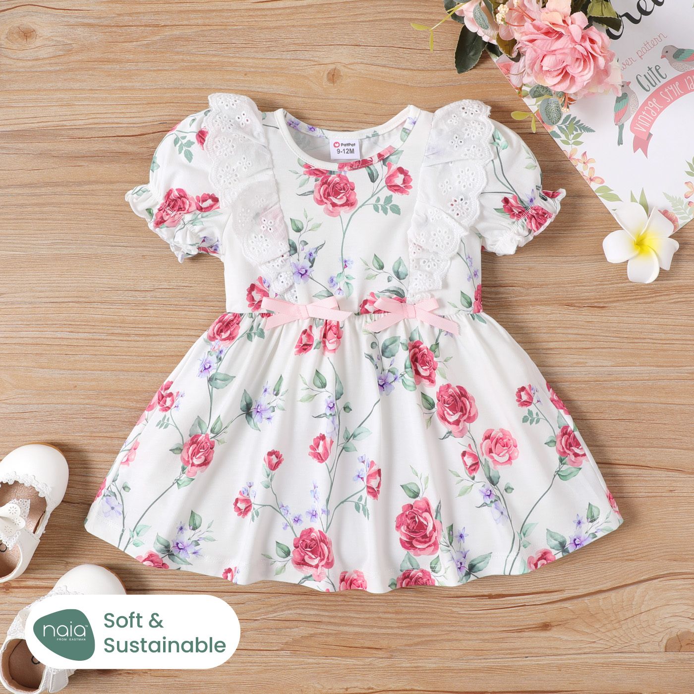 Baby Girl Naiaâ¢ Allover Floral Print Lace Trim Short-sleeve Dress