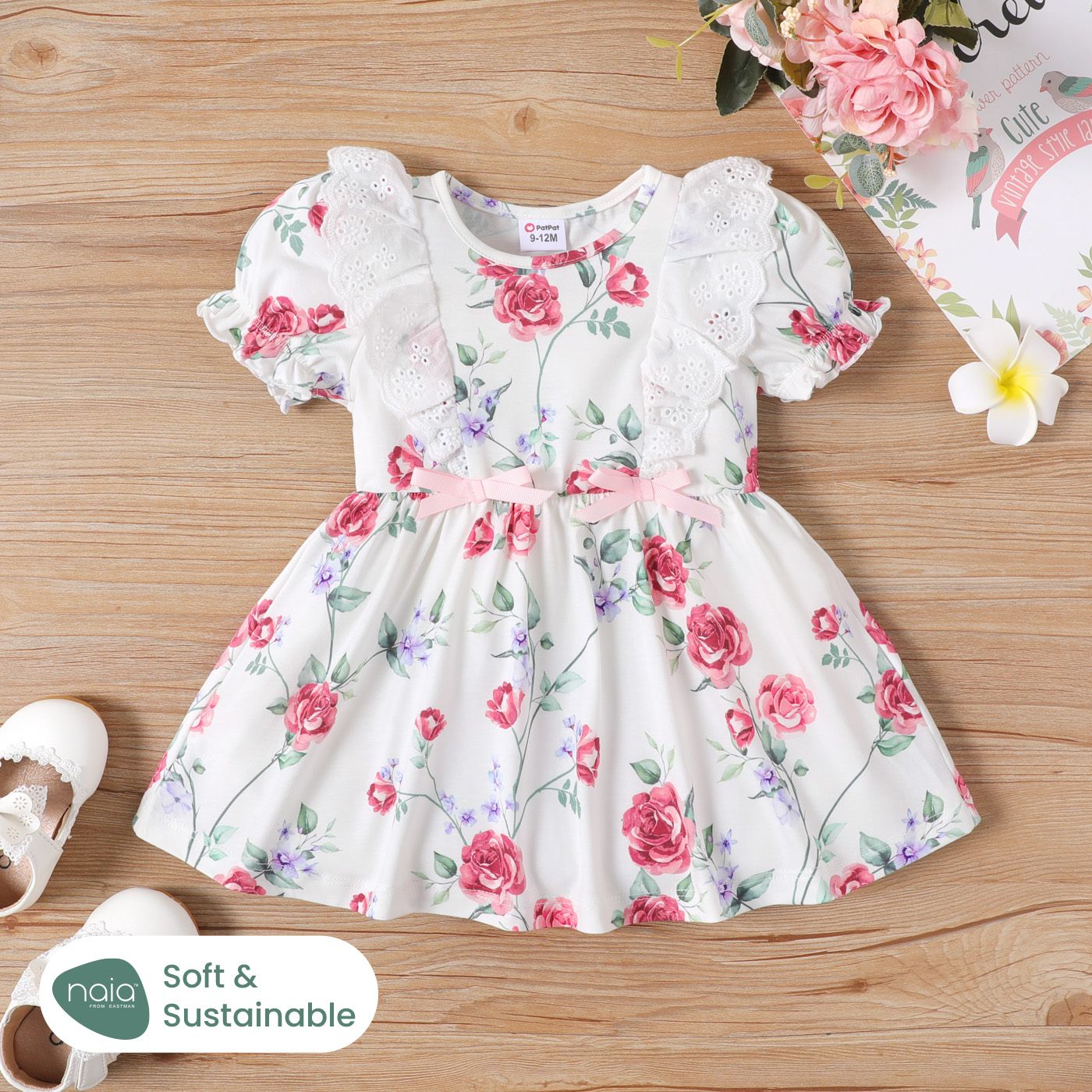 

Baby Girl Naia™ Allover Floral Print Lace Trim Short-sleeve Dress