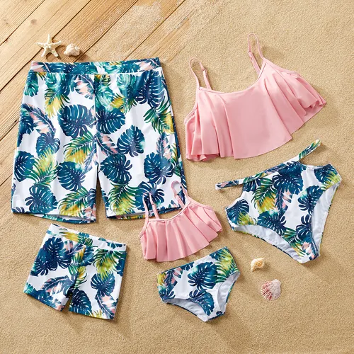 Family Matching Ruffled Two-piece Swimsuit or Plant Print Swim Trunks Shorts