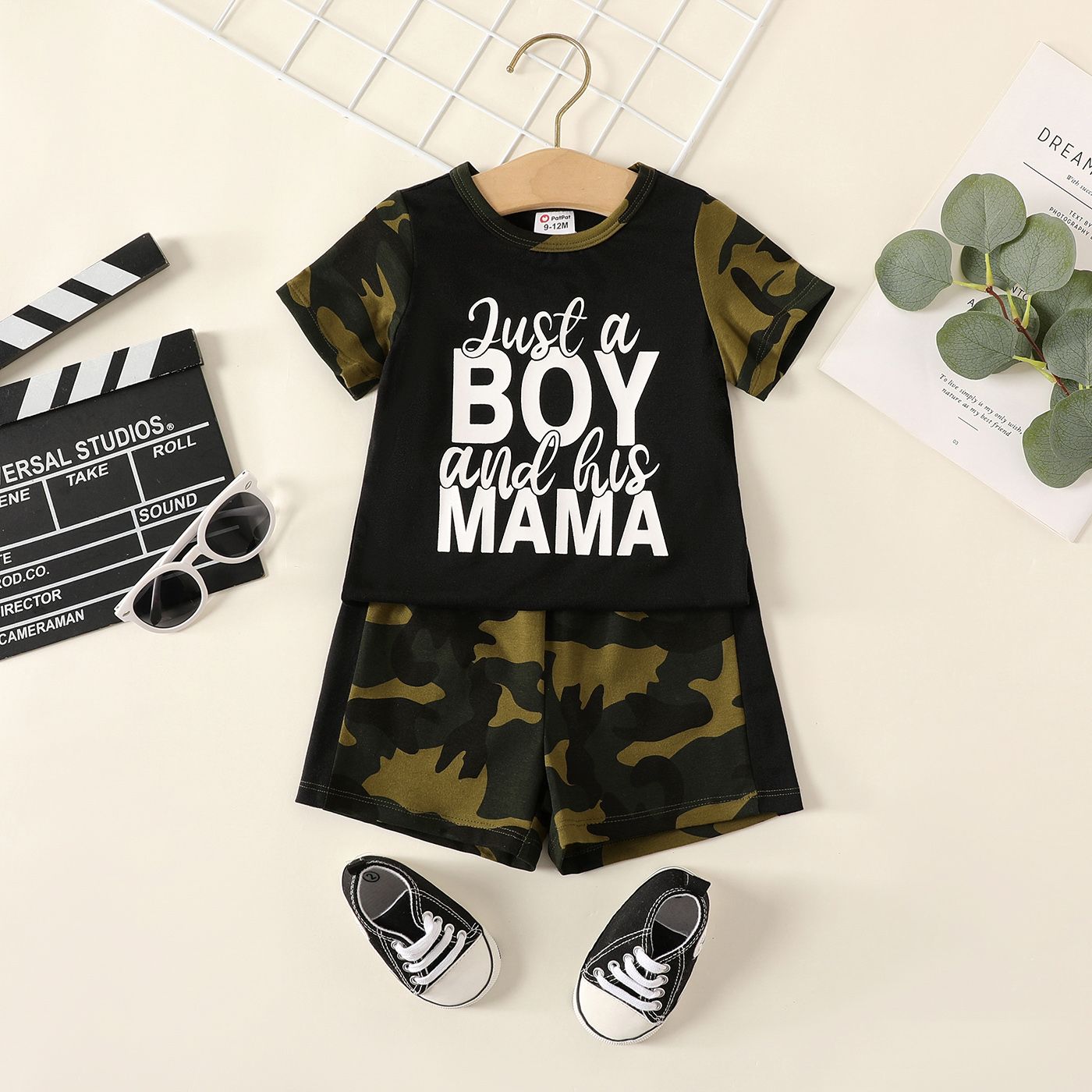 2pcs Baby Boy Letter Print Camouflage Short-sleeve Tee And Camouflage Shorts Set