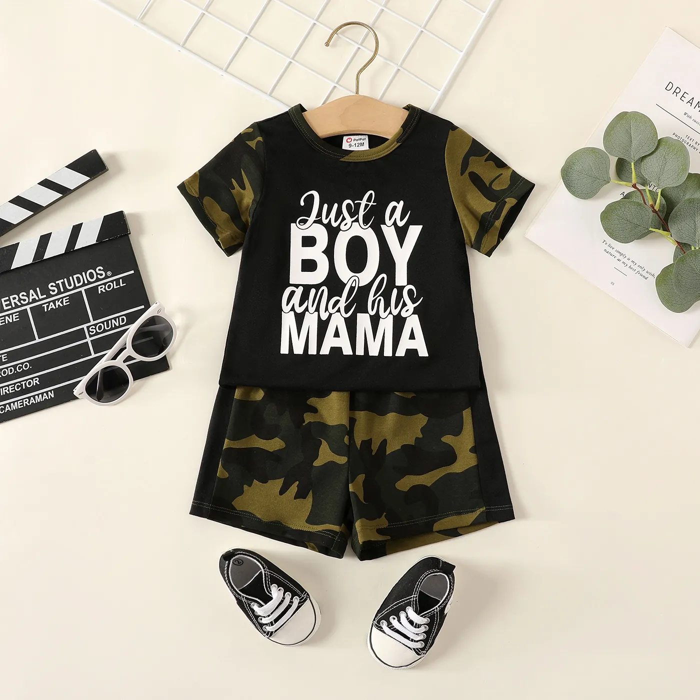2pcs Baby Boy Letter Print Camouflage Short-sleeve Tee and Camouflage Shorts Set Army green big image 1