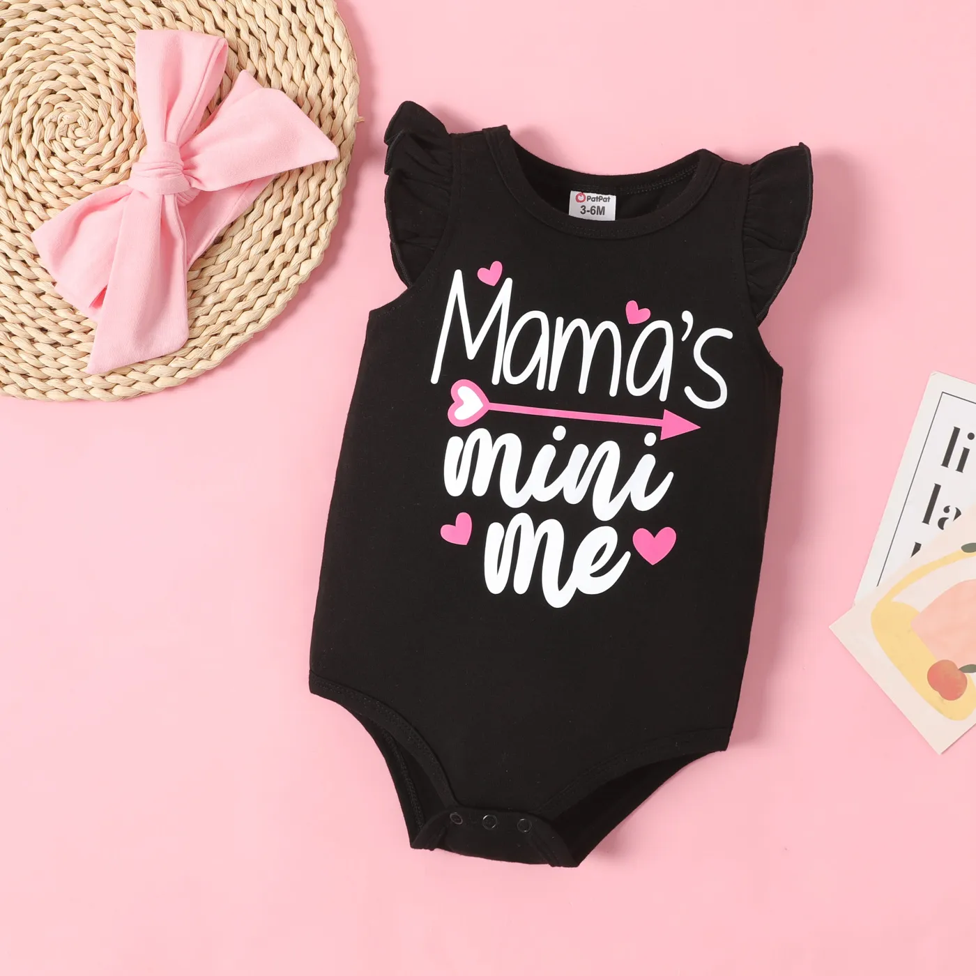 2pcs Baby Girl Cotton Letter Print Flutter-sleeve Bodysuit and Bow Headband Set Black big image 1