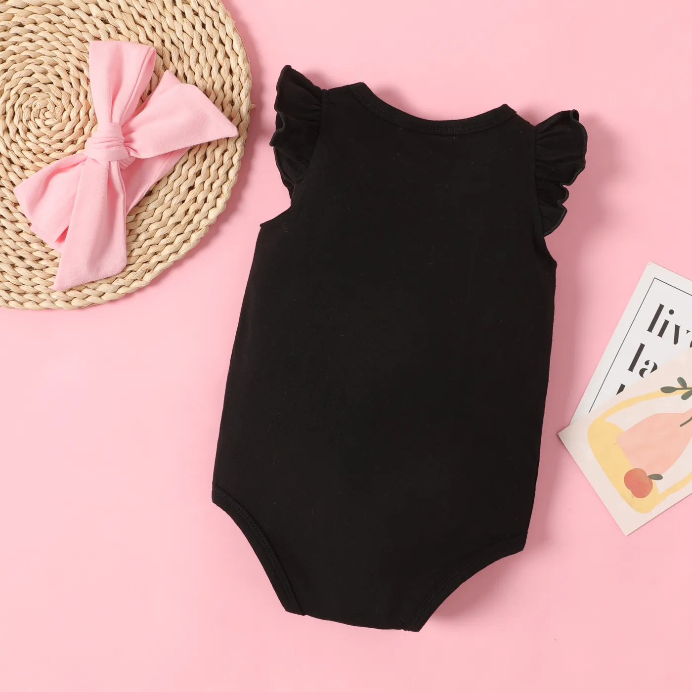2pcs Baby Girl Cotton Letter Print Flutter-sleeve Bodysuit and Bow Headband Set Black image 2