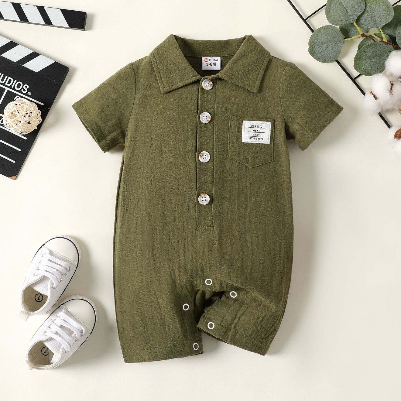 

Baby Boy 100% Cotton Patch Pocket Short-sleeve Shirt Jumpsuit