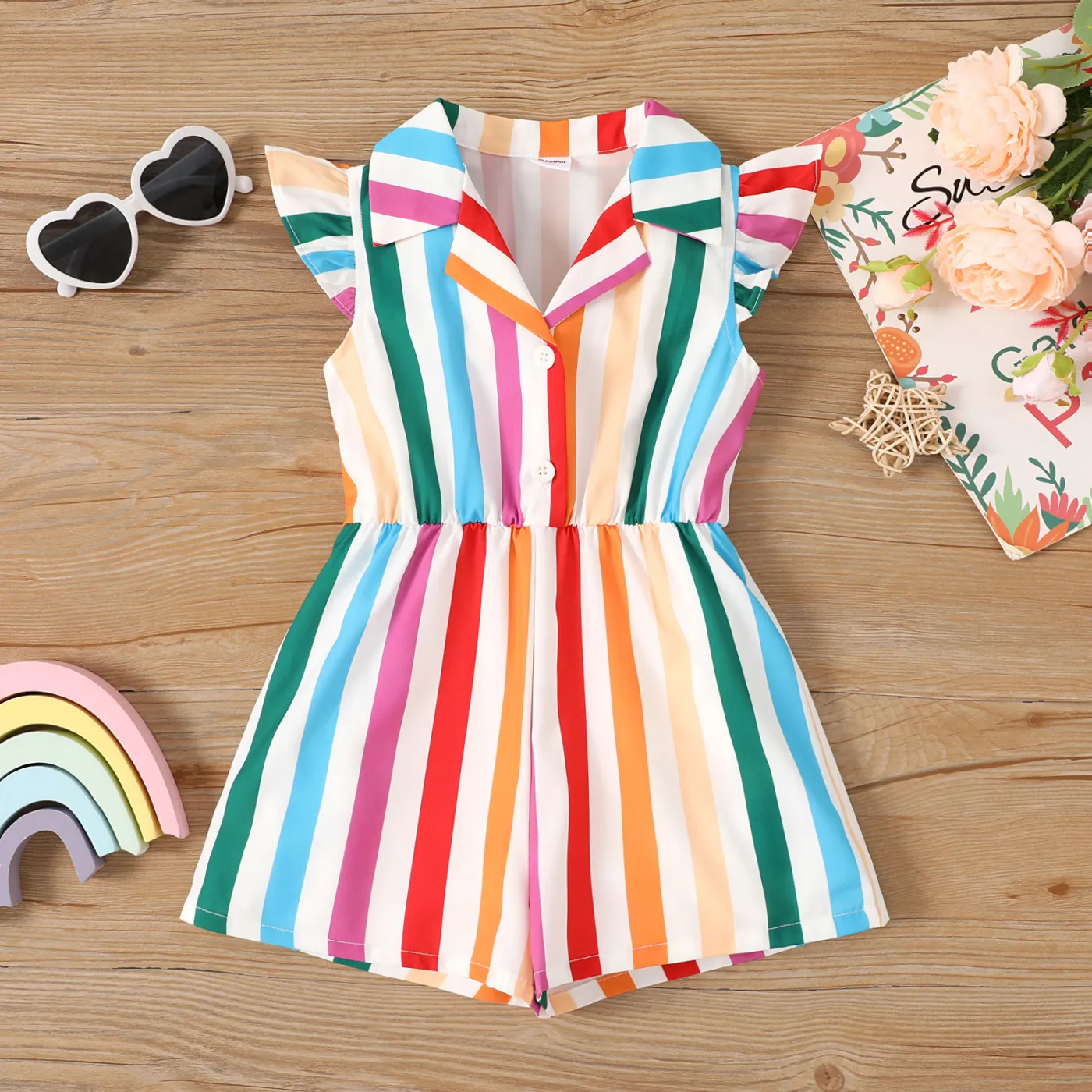 Toddler Girl Colorful Stripe Flutter-sleeve Lapel Collar Romper 