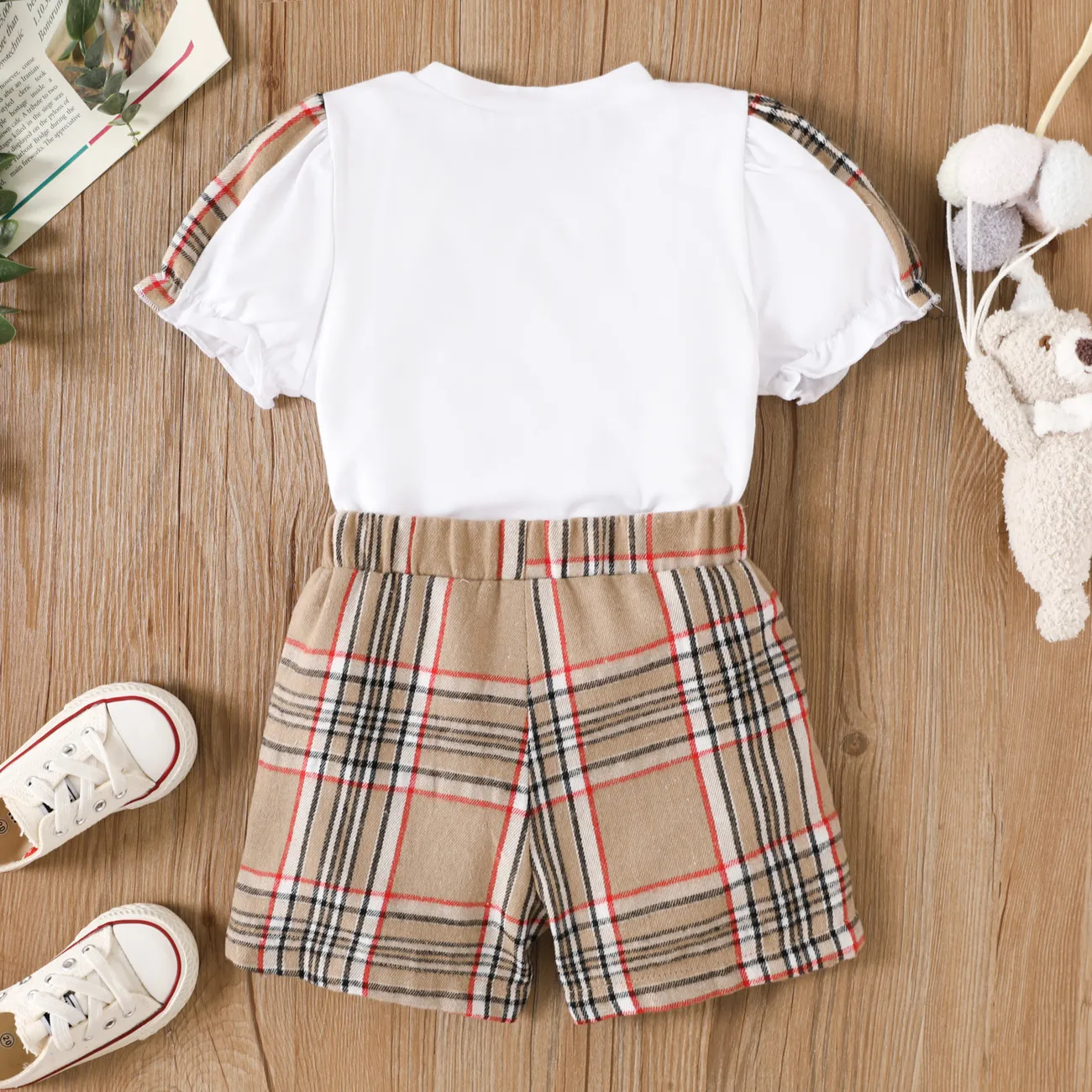2pcs Toddler Girl Cute Plaid Bear Embroidered Puff Sleeve Top and Bow Front Plaid Shorts Set White big image 1