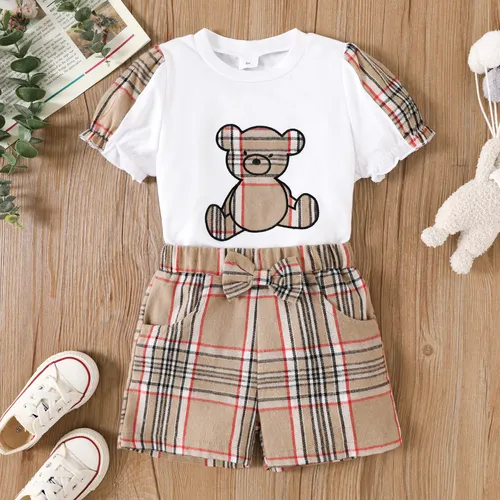 2pcs Toddler Girl Cute Plaid Bear Embroidered Puff Sleeve Top and Bow Front Plaid Shorts Set