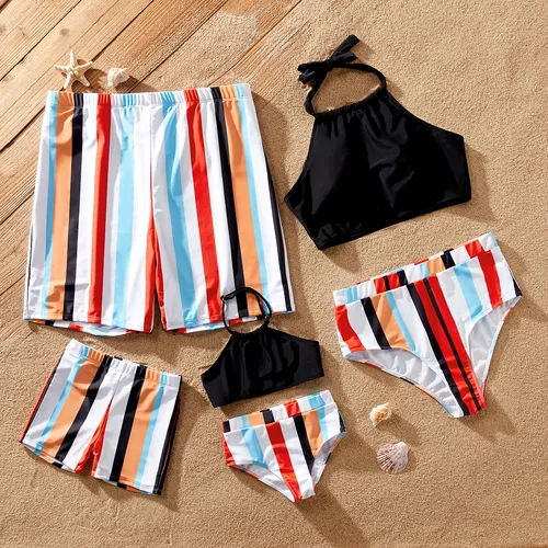 Family Matching Stripe Splice Halter Two-piece Swimsuit or Swim Trunks Shorts
