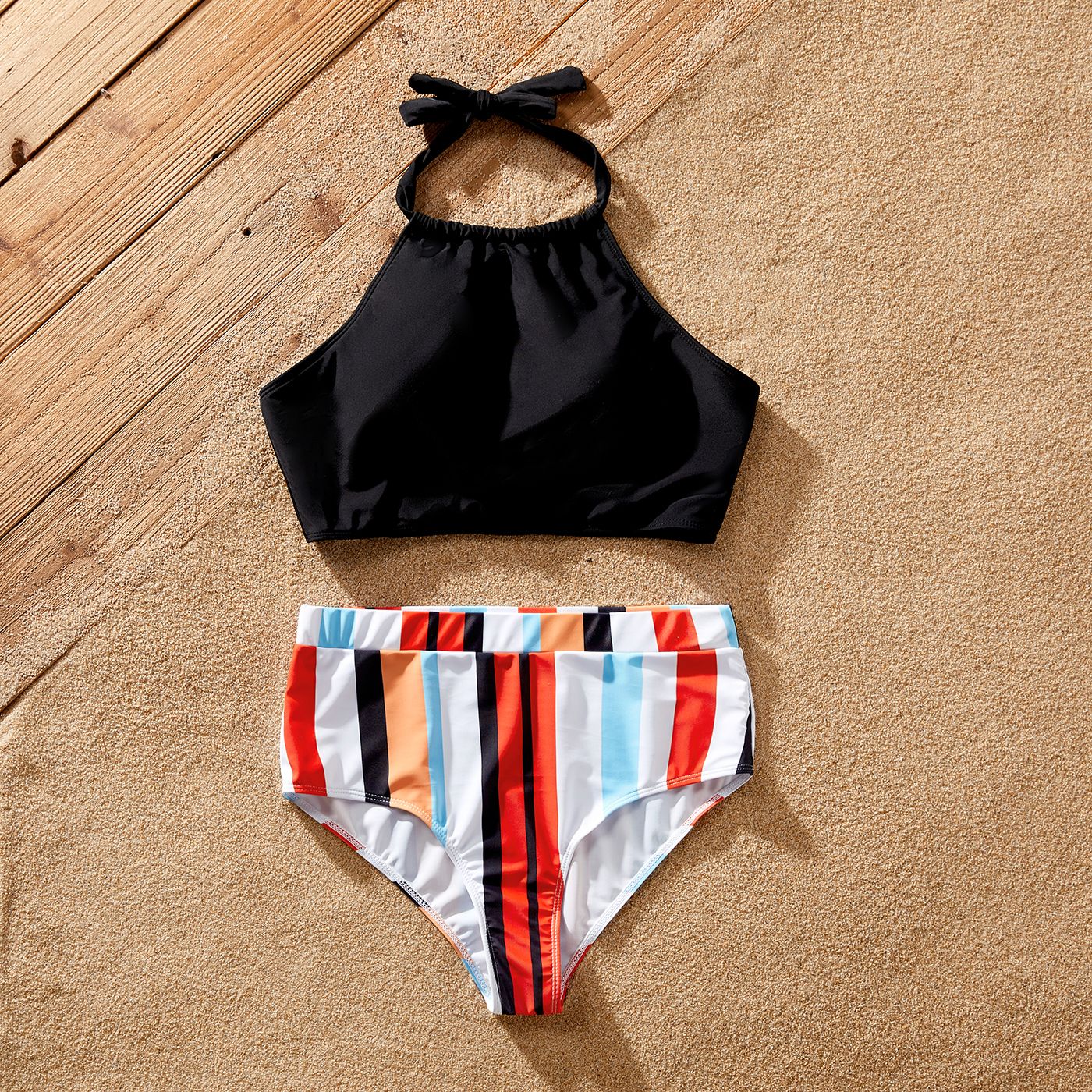 Family Matching Stripe Splice Halter Two-piece Swimsuit Or Swim Trunks Shorts