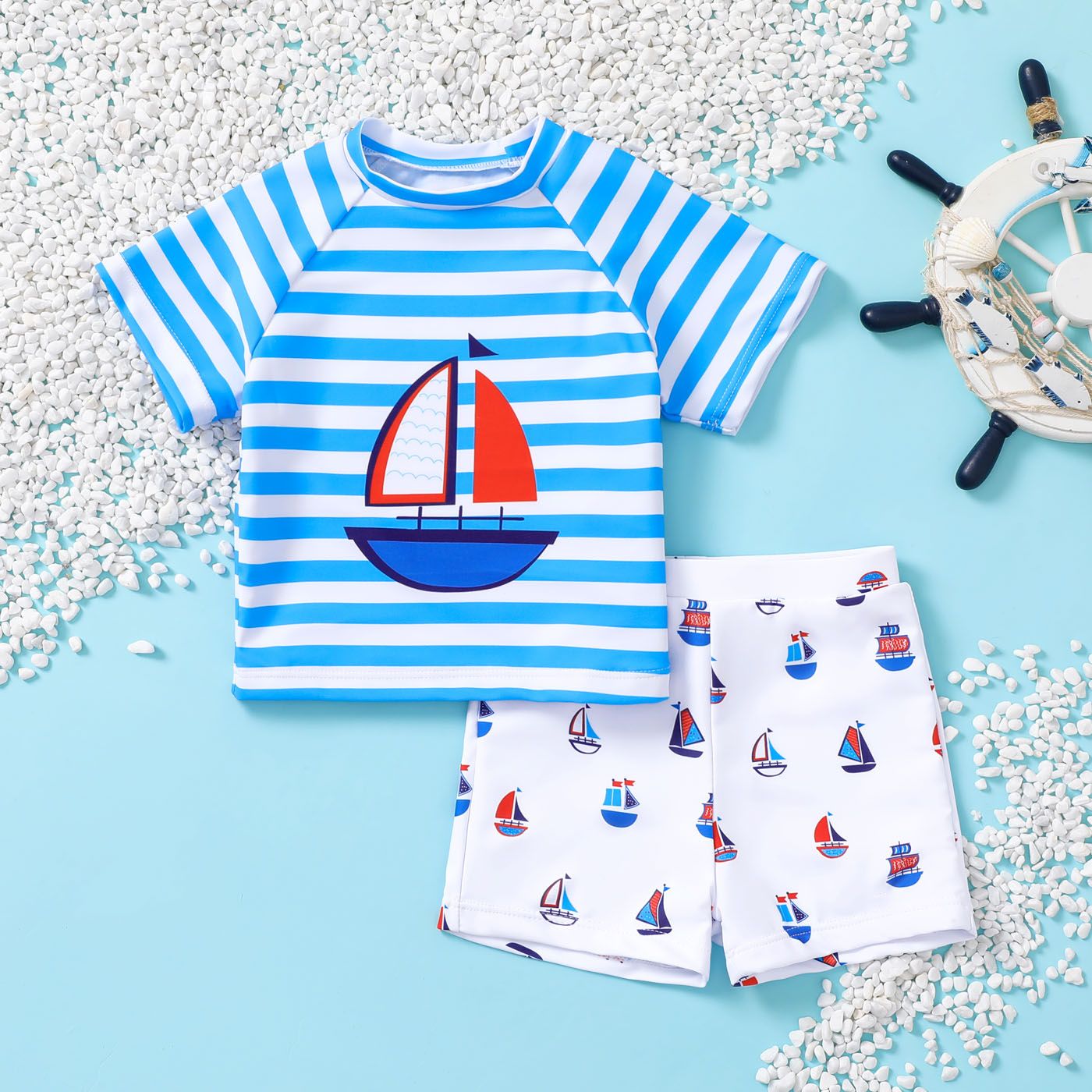 

2pcs Baby Boy Sailboat Stripe Print Short-sleeve Top and Swim Trunks Set