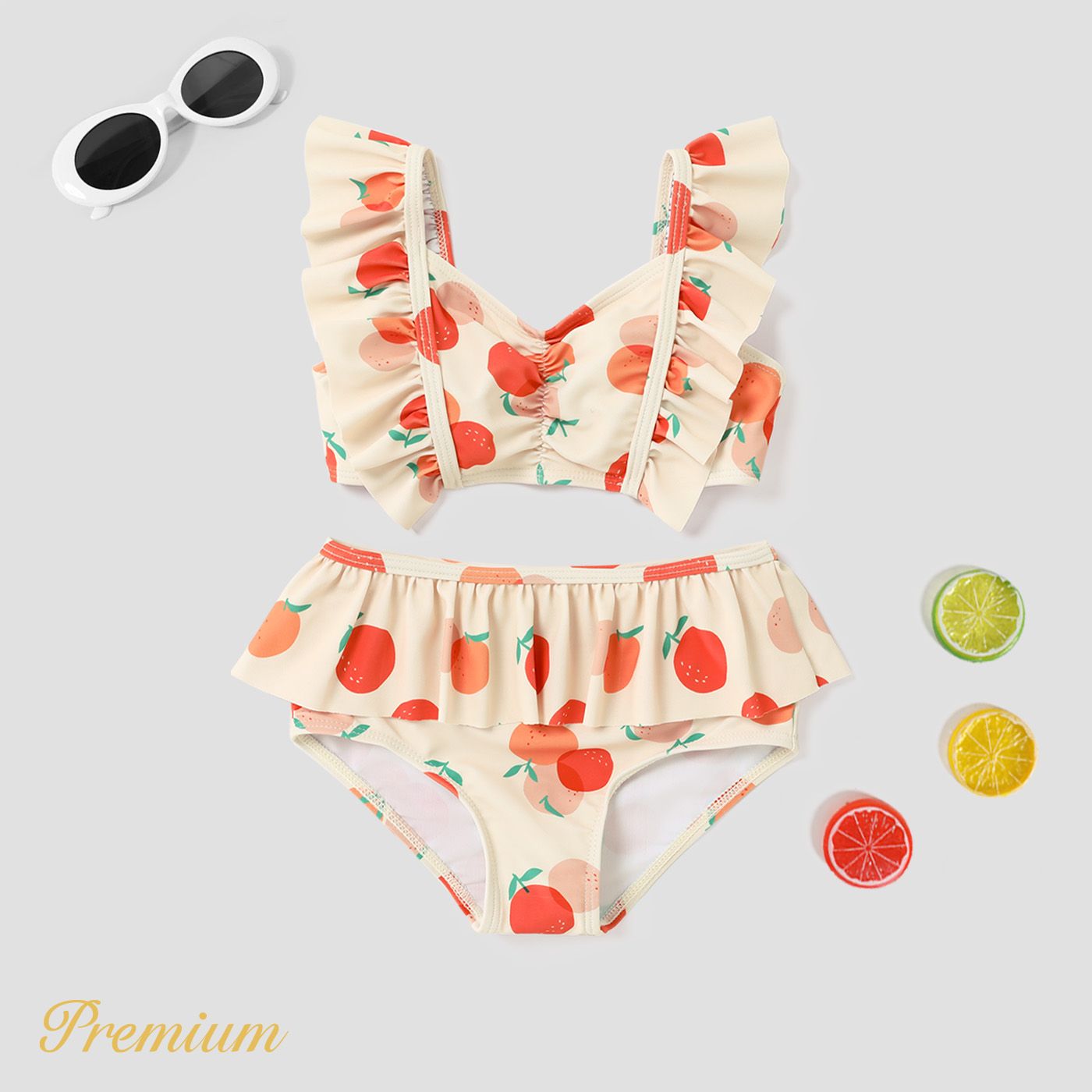 

2pcs Toddler Girl Allover Fruit Print Ruffled Two-piece Swimsuit