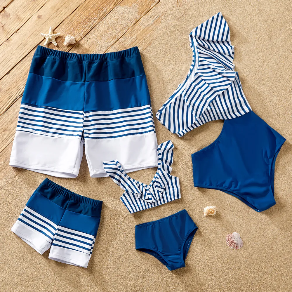Family Matching Blue Striped Ruffled One Shoulder Cut Out One-piece Swimsuit or Swim Trunks Shorts  big image 2