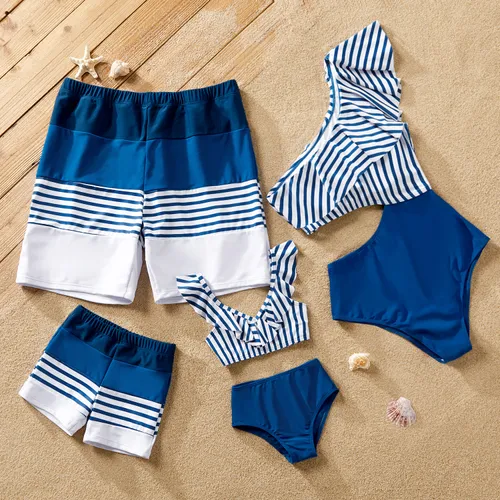 Family Matching Blue Striped Ruffled One Shoulder Cut Out One-piece Swimsuit or Swim Trunks Shorts
