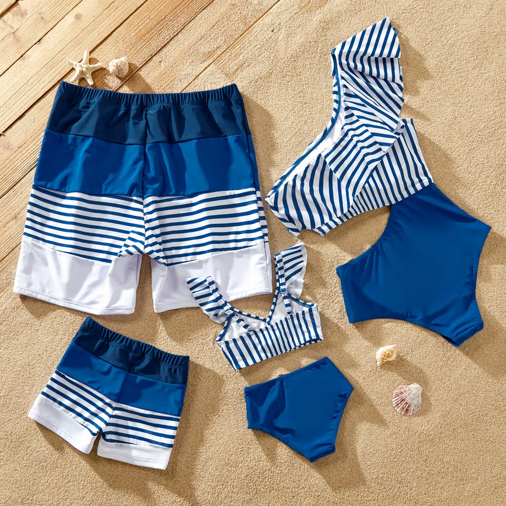 Family Matching Blue Striped Ruffled One Shoulder Cut Out One-piece Swimsuit or Swim Trunks Shorts  big image 3