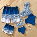Family Matching Blue Striped Ruffled One Shoulder Cut Out One-piece Swimsuit or Swim Trunks Shorts  image 3