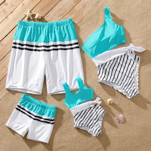 Family Matching Colorblock Striped Spliced Bow Side One-piece Swimsuit or Swim Trunks Shorts