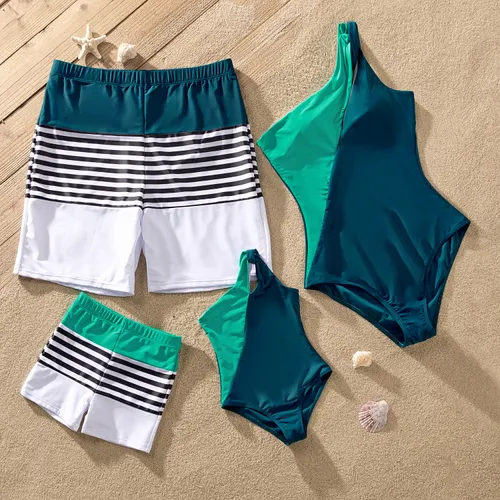 Family Matching Two Tone One-piece Swimsuit or Stripe Panel Swim Trunks Shorts