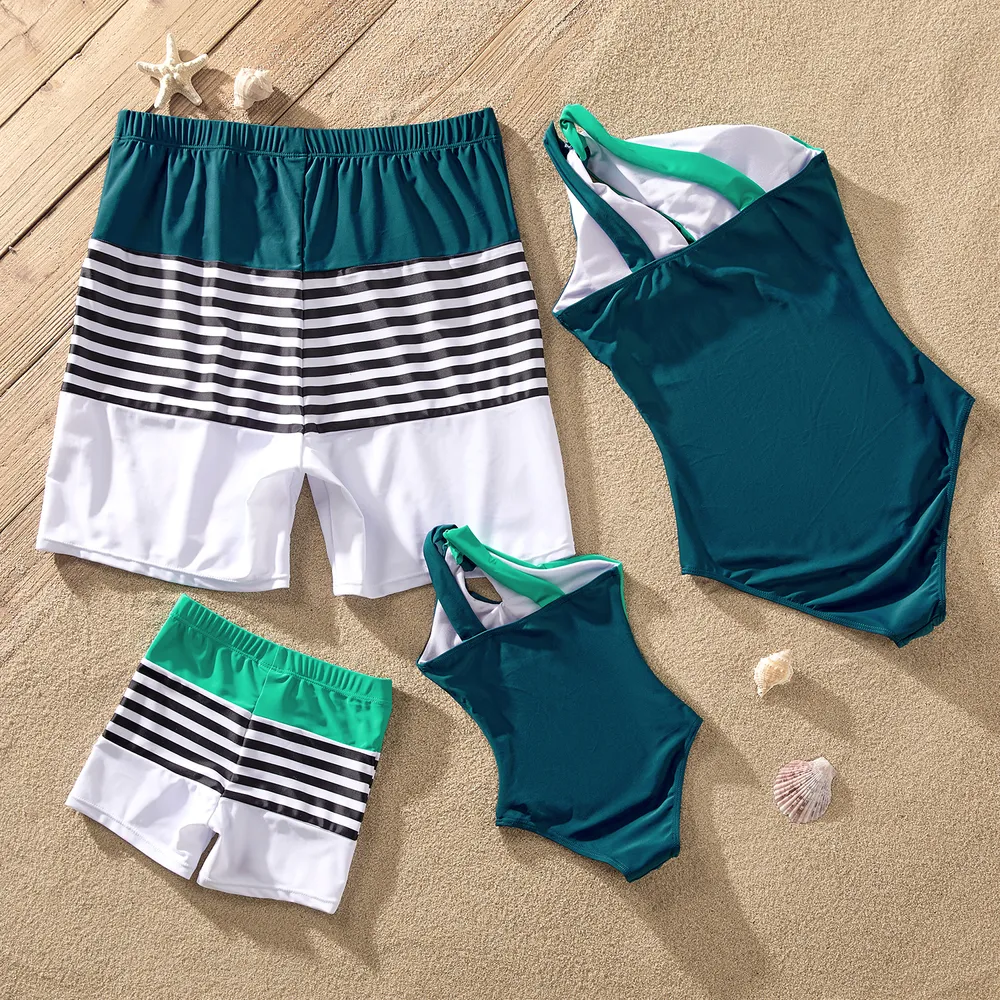 Family Matching Two Tone One-piece Swimsuit or Stripe Panel Swim Trunks Shorts  big image 3