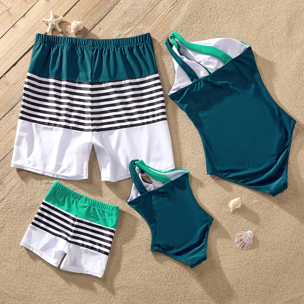 Family Matching Two Tone One-piece Swimsuit or Stripe Panel Swim Trunks Shorts big image 3