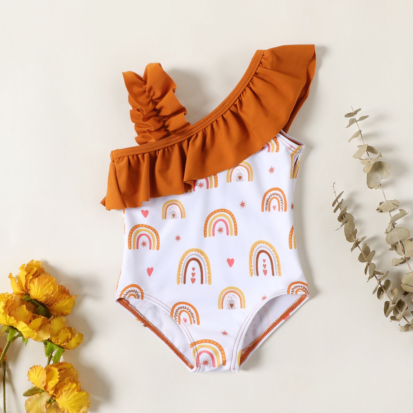 

Baby Girl Rainbow Print Ruffled Trim One-piece Swimsuit
