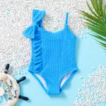 Baby Girl Bow Decor Wavy Textured One Piece Swimsuit Blue