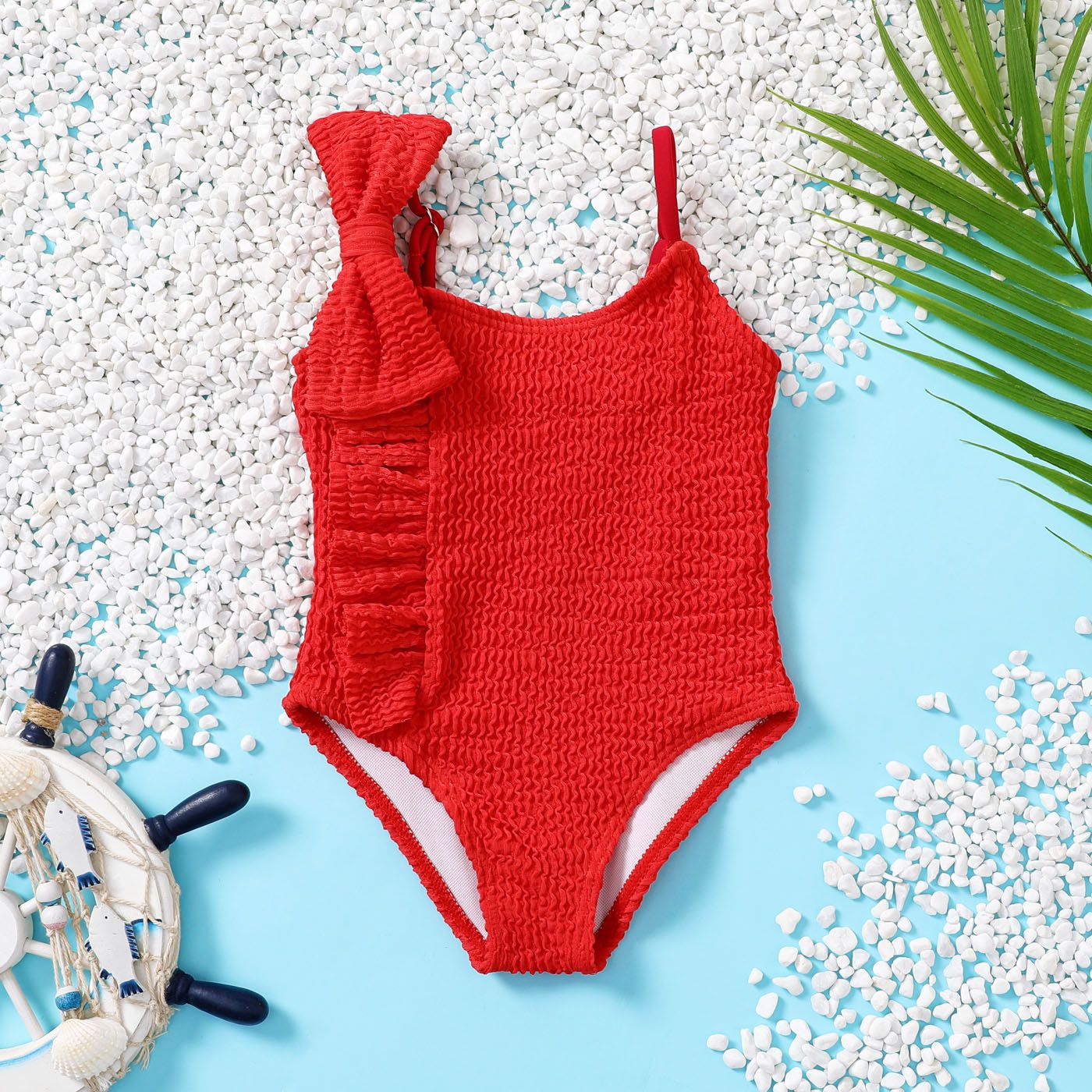 Baby Girl Bow Decor Wavy Textured One Piece Swimsuit