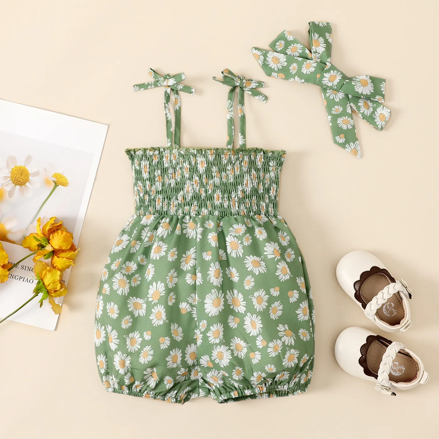 2pcs Baby Girl Floral Print Textured Slip Romper and Headband Set