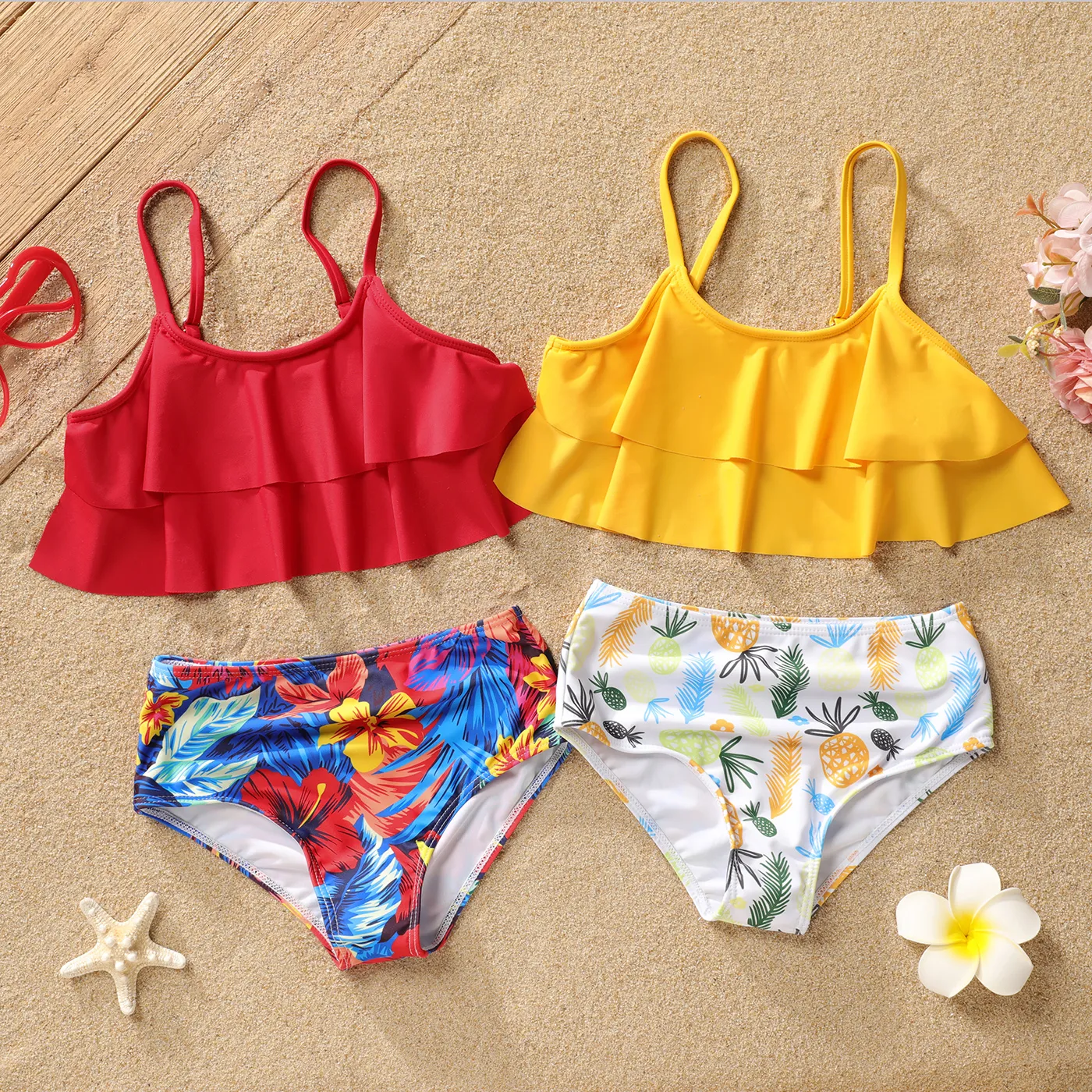 2pcs Kid Girl Floral Print Ruffled Swimsuit  image 1