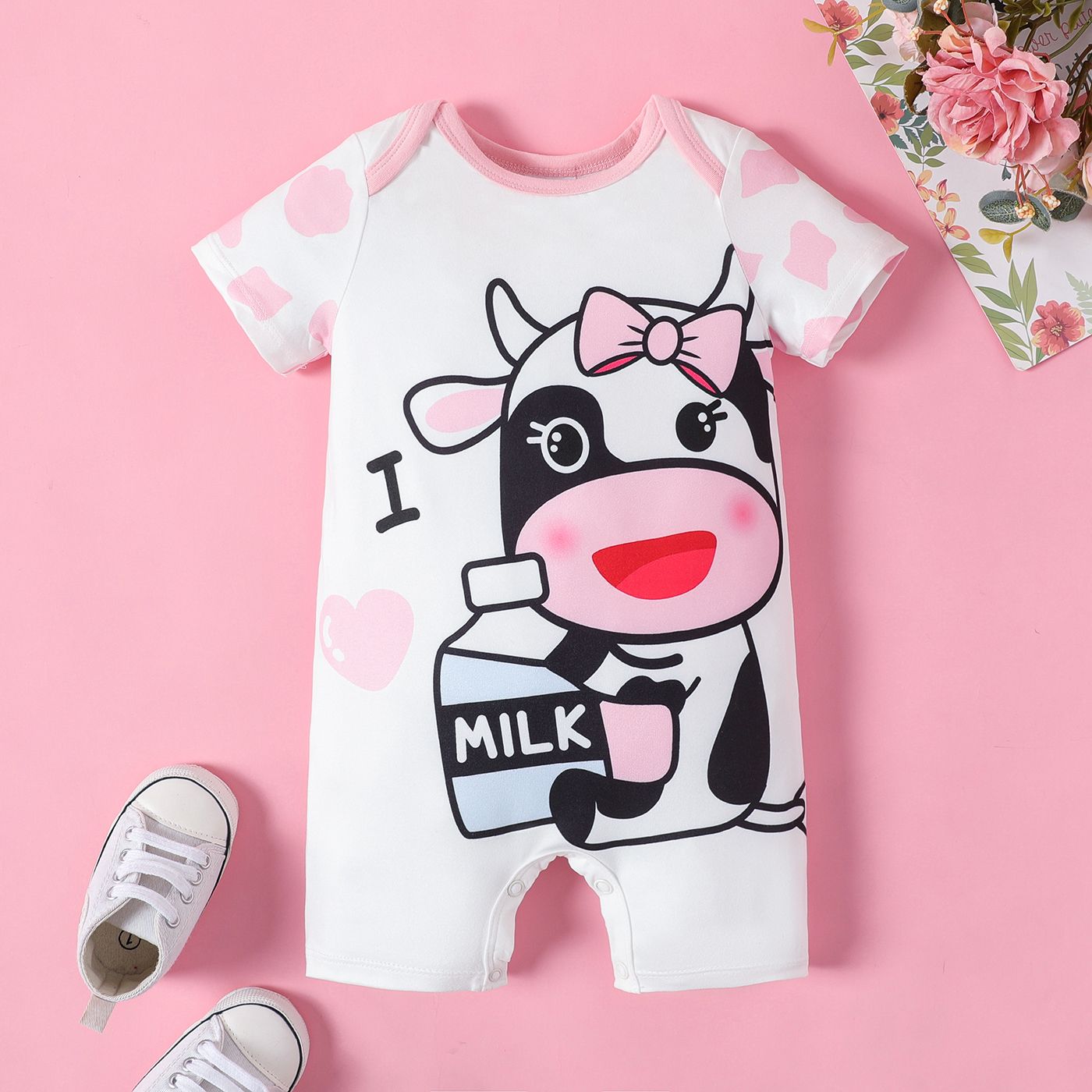 

Baby Girl Cow Pattern Short-sleeve Jumpsuit