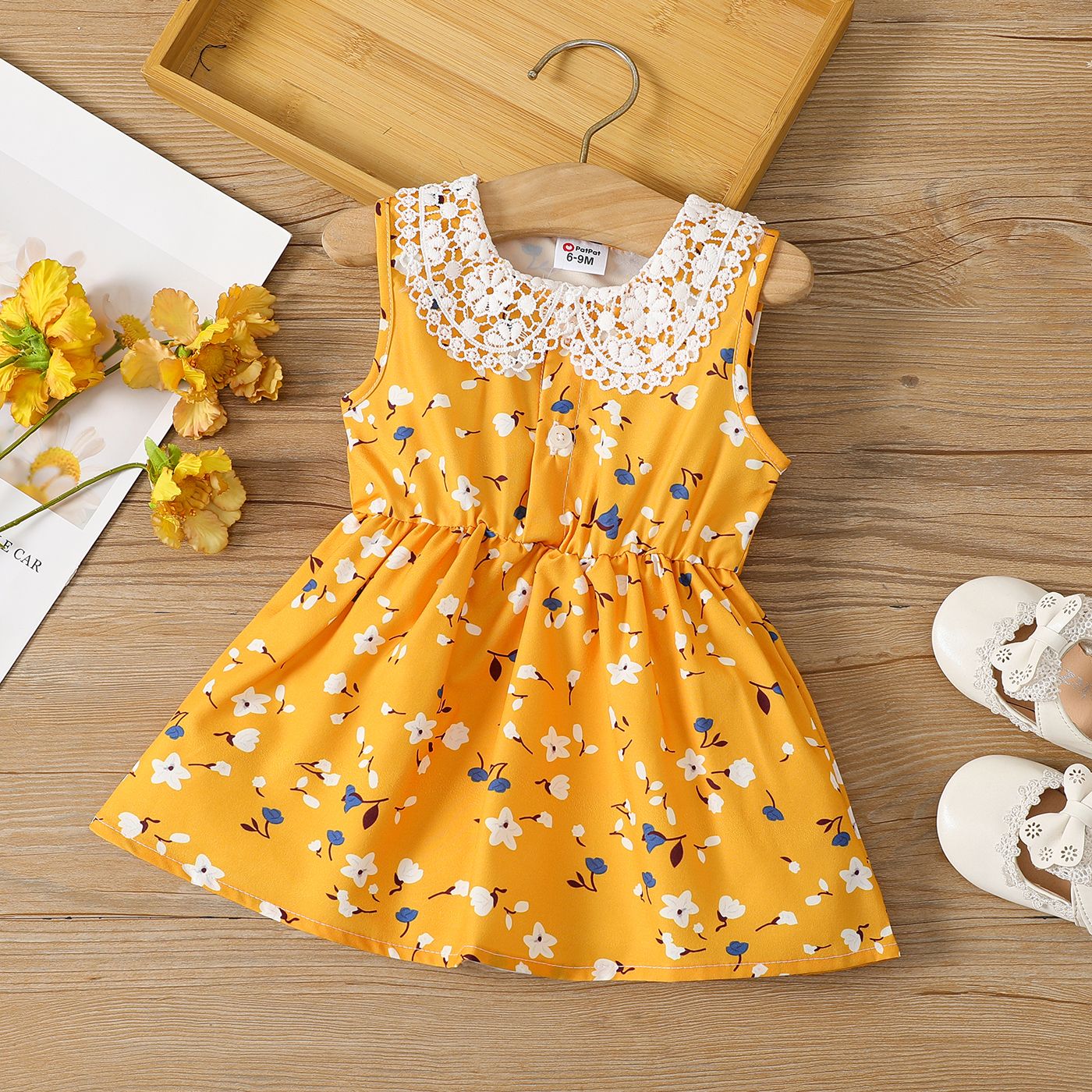

Baby Girl Floral Print Guipure Lace Doll Collar Tank Dress