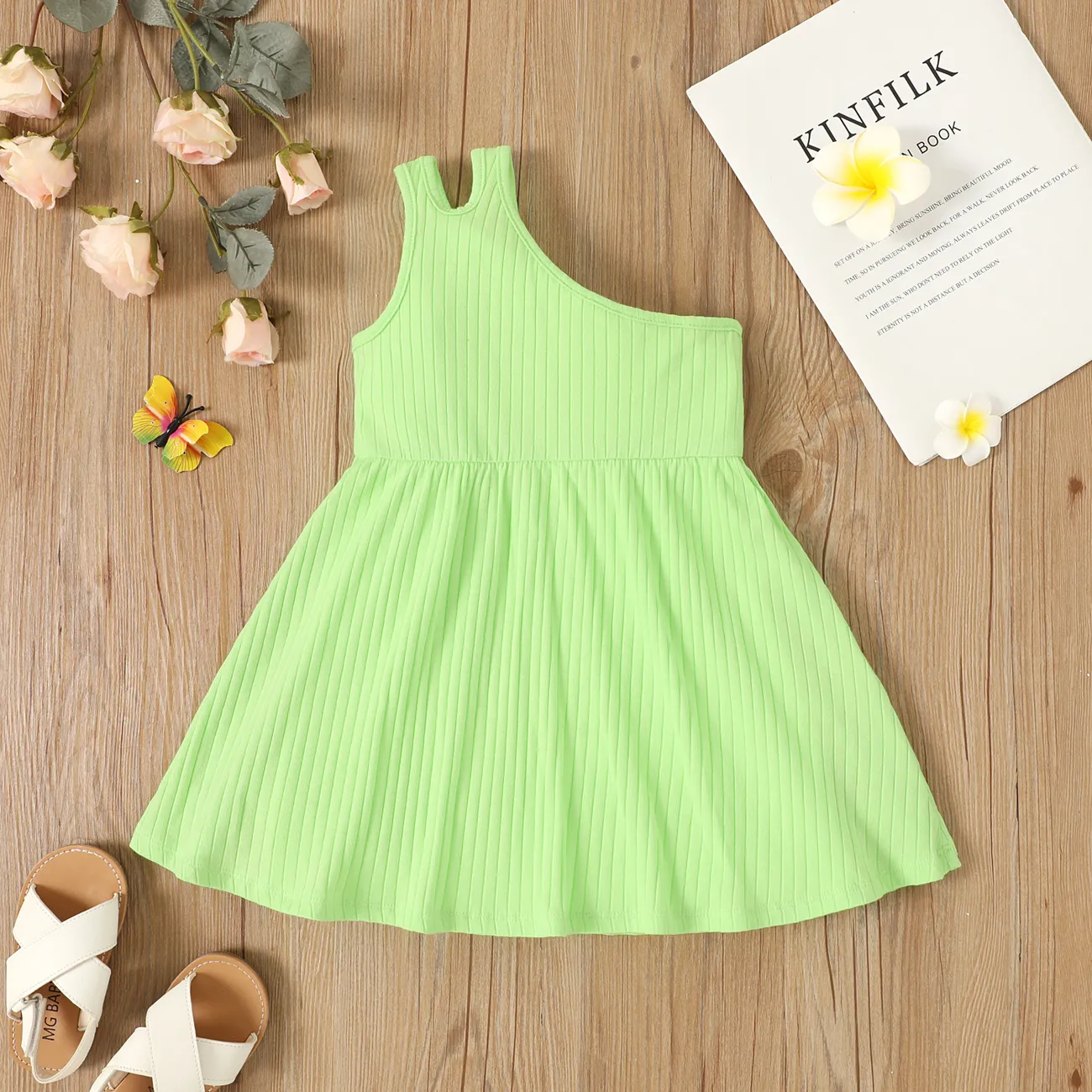 Toddler Girl Textured Solid Sleeveless Dress Green big image 1