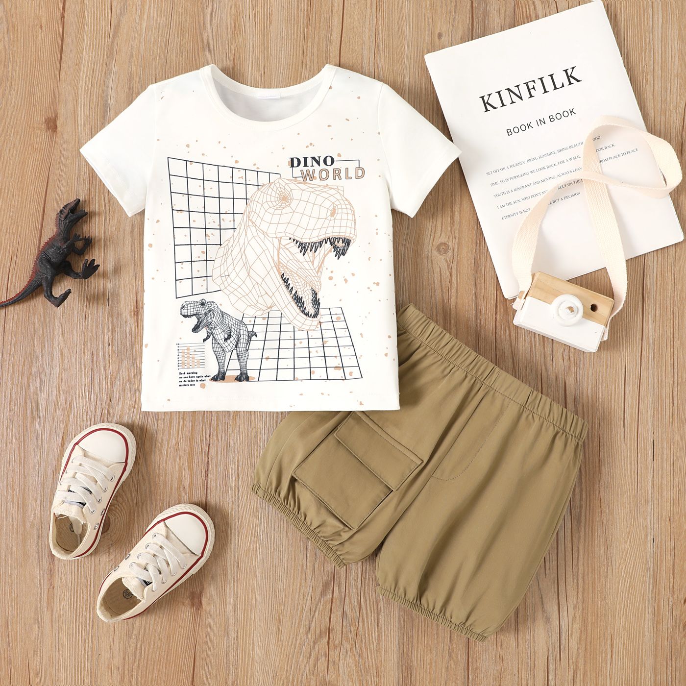 

2pcs Toddler Boy Dinosaur Print Short-sleeve Tee and 100% Cotton Solid Cargo Shorts Set