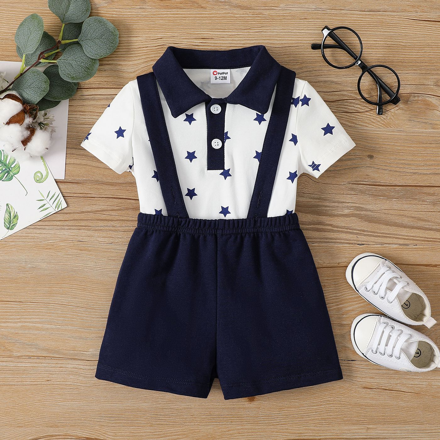 

2pcs Baby Boy 95% Cotton Stars Print Front Buttons Short-sleeve Top and Strappy Solid Shorts Set