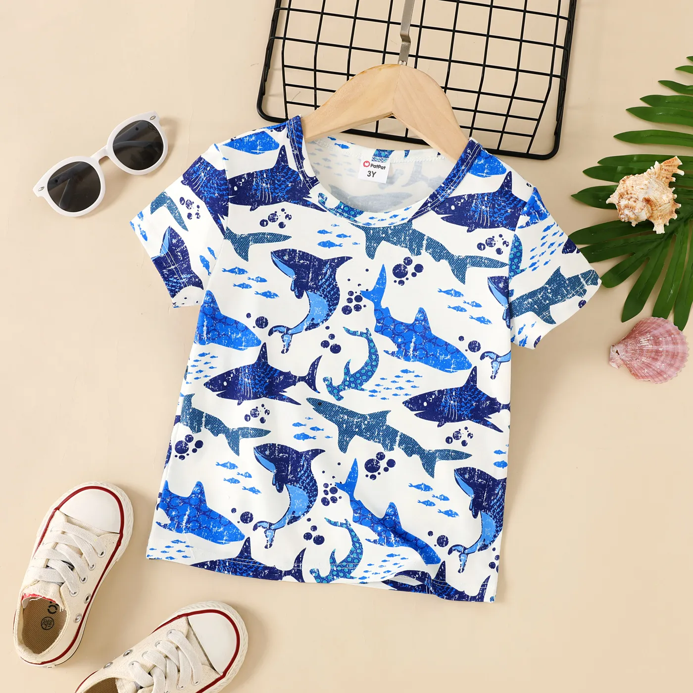 Toddler Boy Shark / Letter Print Short-sleeve Tee   Blue big image 1