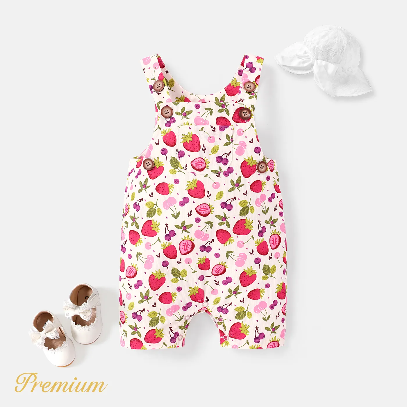 Baby Girl Allover Strawberry & Cherry Print Tank Jumpsuit Apricot big image 1