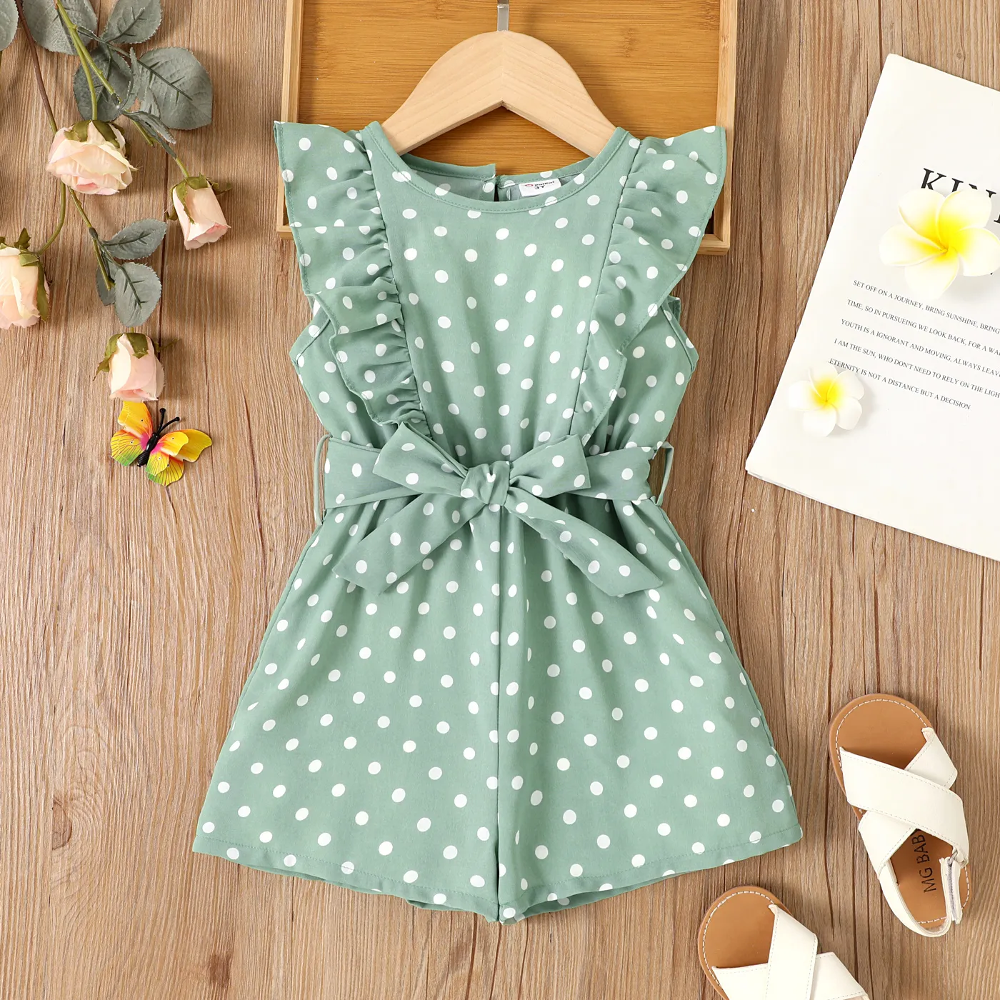 Toddler Girl Allover Polka Dots Print Ruffle-sleeve Belted Romper