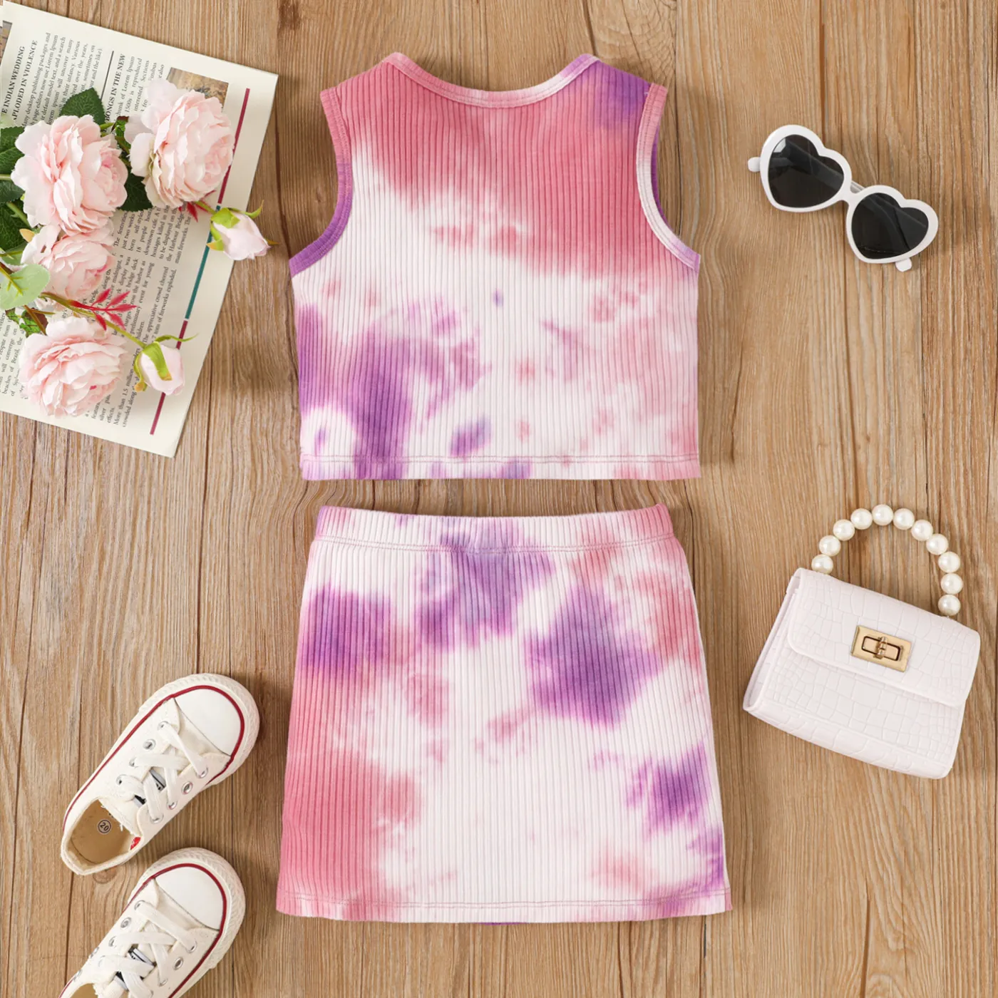 2pcs Toddler Girl Letter Print Tie Dye Rib-knit Tank Top and Bodycon Skirt Set    image 2