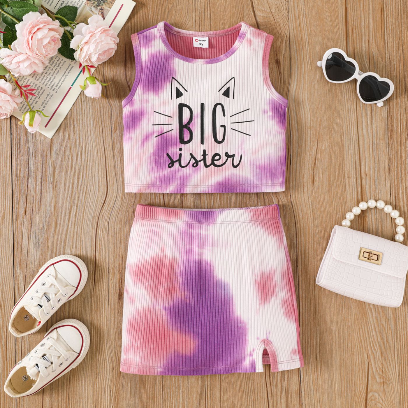 

2pcs Toddler Girl Letter Print Tie Dye Rib-knit Tank Top and Bodycon Skirt Set