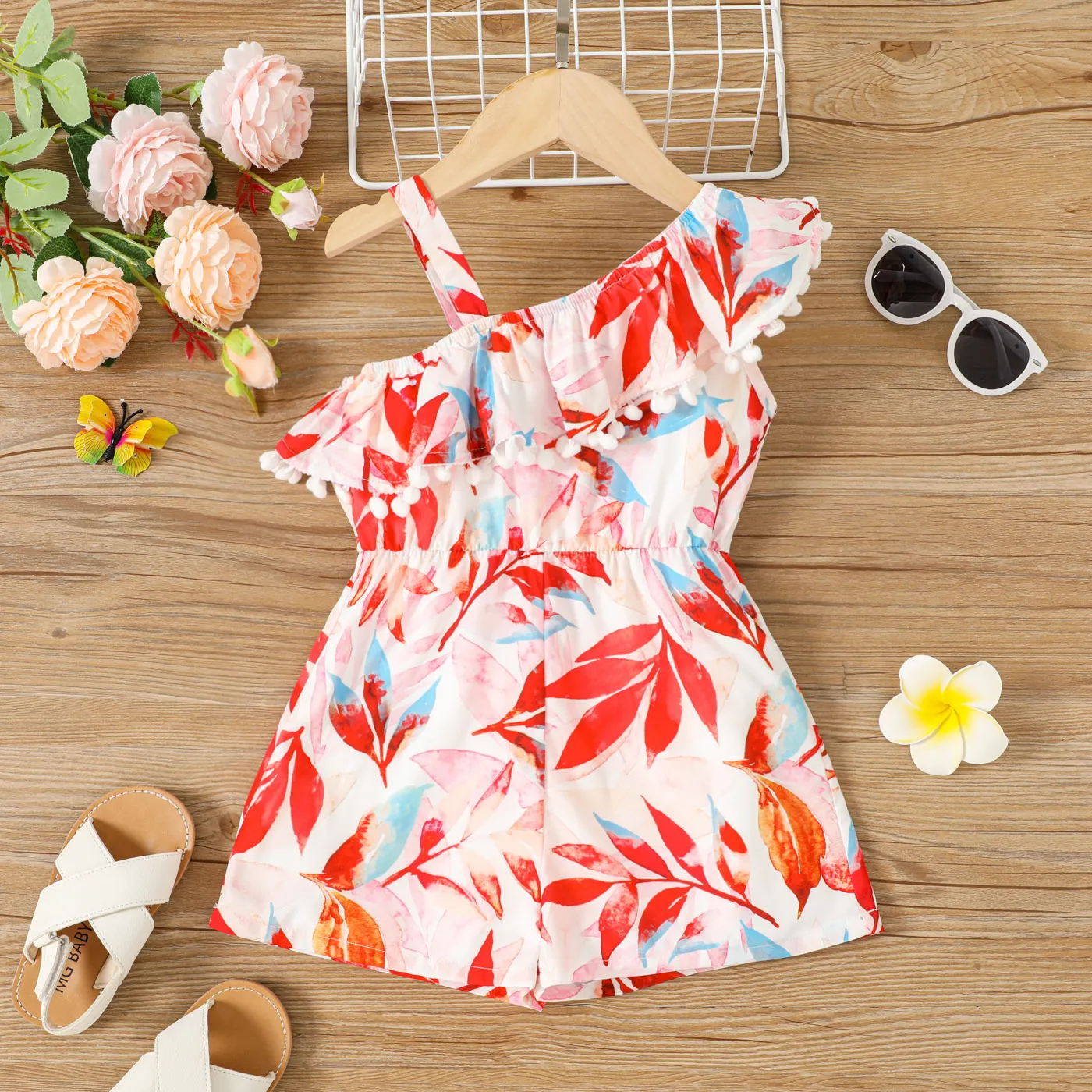 Toddler Girl Leaf Print Pom Pom Decor Ruffled One-Shoulder Slip Romper  big image 1